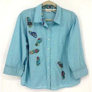 Breckenridge Turquoise Gingham Button Up Shirt XL Floral Patch Detail 3/4 Sleeve